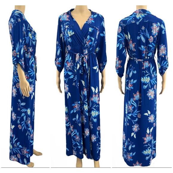 Iris LARGE Blue Floral Collared Long Sleeve Boho Sheath Maxi Dress NWT - Picture 7 of 7
